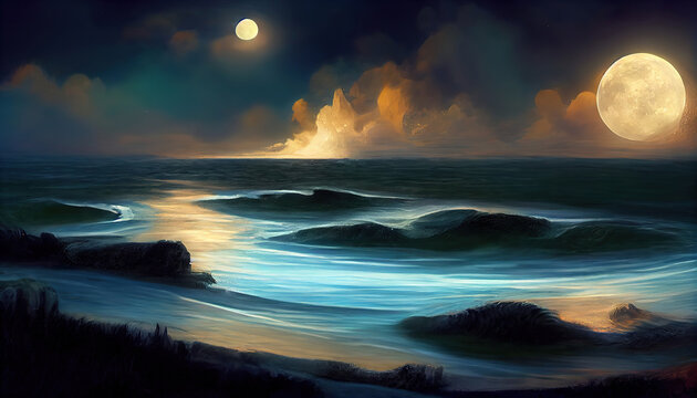 Night ocean landscape, full moon and stars shine, nature landscape, art illustration. Generative Ai