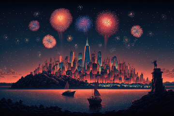 Over Manhattan Island in New York, fireworks. Generative AI - obrazy, fototapety, plakaty