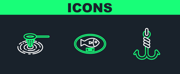 Set line Fishing hook, net water and trophy hanging on the board icon. Vector