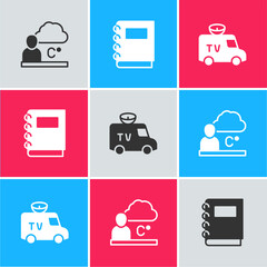 Set Weather forecast, Notebook and TV News car icon. Vector