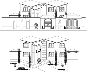 Modern minimalist house perspective illustration vector sketch
