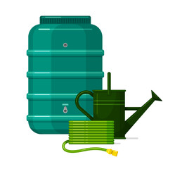 Garden barrel, watering can and coiled rubber hose, rainwater harvesting system. Plastic water storage tank with tap for pipes and hoses. Vector flat illustration isolated on white background - obrazy, fototapety, plakaty