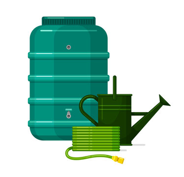 Garden barrel, watering can and coiled rubber hose, rainwater harvesting system. Plastic water storage tank with tap for pipes and hoses. Vector flat illustration isolated on white background