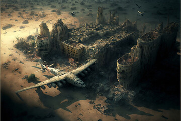 Naklejka premium A city view destroyed by war and bombs concept. Ai Generated.