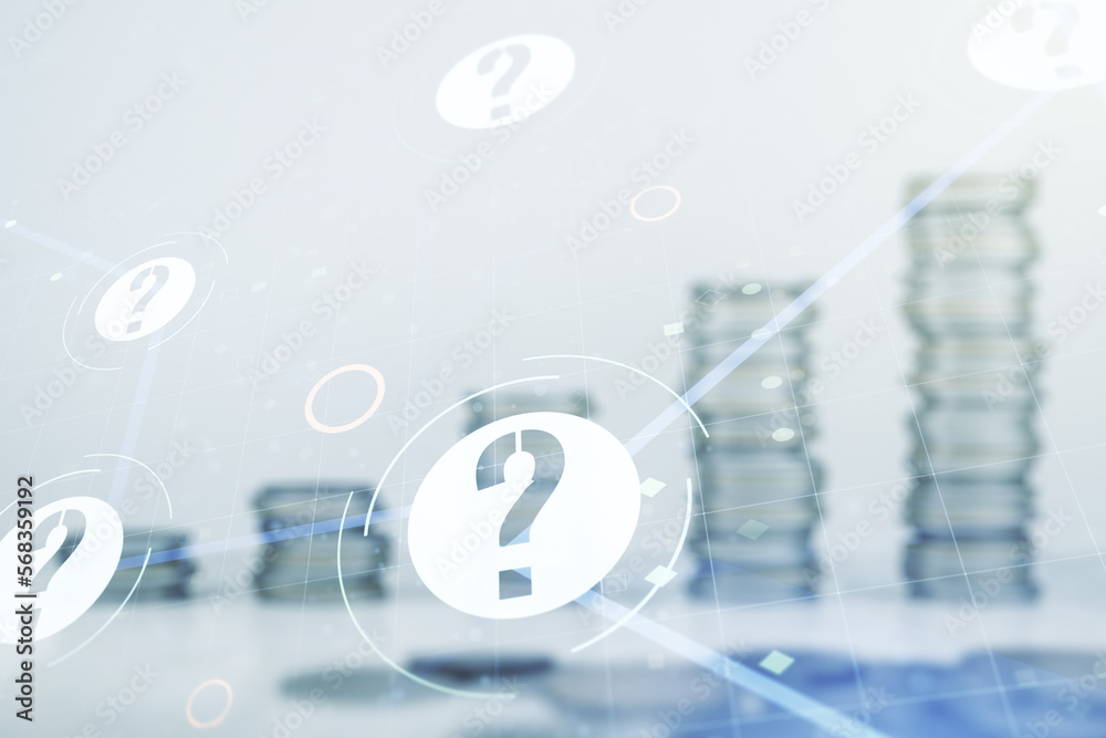 Aufkleber abstract virtual question mark illustration on stacks of coins background. faq and search concept. m