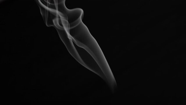 Abstract smoke or steam is rising and floating in the air on a black background.	