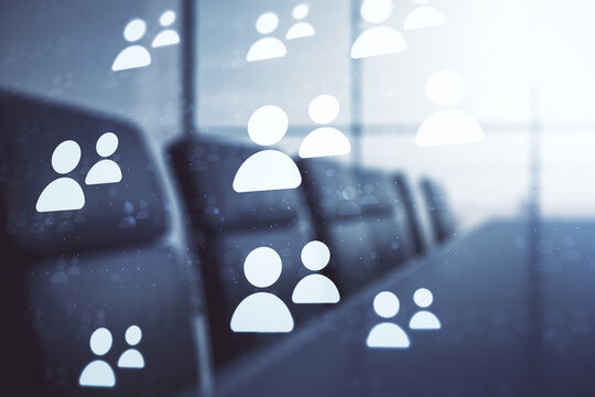 Abstract virtual social network concept on a modern conference room background. Multiexposure