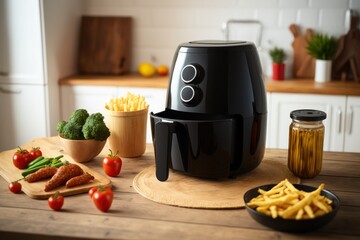 a black deep fryer or oil free fryer , air fryer appliance is on white marble table in nice interior design kitchen dinning room of the house during cooking dinner for family member.ai generate.