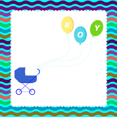 Baby shower. Postcard, christening, birthday invitation boy. Vector illustration. Postcard, newborn baby, Children's Day, blue stroller, multi-colored balloons