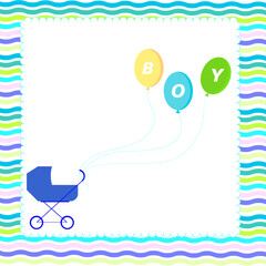 Baby shower. Postcard, christening, birthday invitation boy. Vector illustration. Postcard, newborn baby, Children's Day, blue stroller, multi-colored balloons