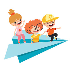 Cartoon Kids Flying With Paper Plane