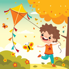 Obraz na płótnie Canvas Cartoon Kid Playing With Kite