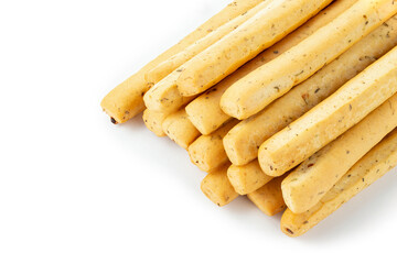 Traditional italian breadsticks isolated on white background. Grissini sticks.