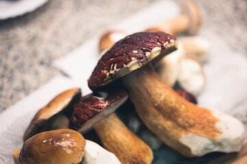 Clooseup delicious mushroom on a kitchen board.