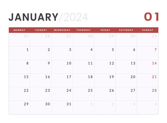 Monthly Calendar Template of january 2024. Vector layout of a wall or desk simple calendar with week start monday
