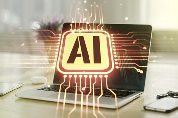 Creative artificial Intelligence symbol concept with modern laptop on background. Multiexposure