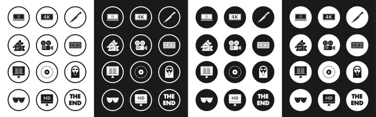 Set Knife, Cinema camera, ticket, Online play video, VHS cassette tape, , Funny and scary ghost mask and Buy cinema online icon. Vector