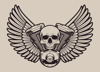 Vector vintage illustration skull biker with engine and wings