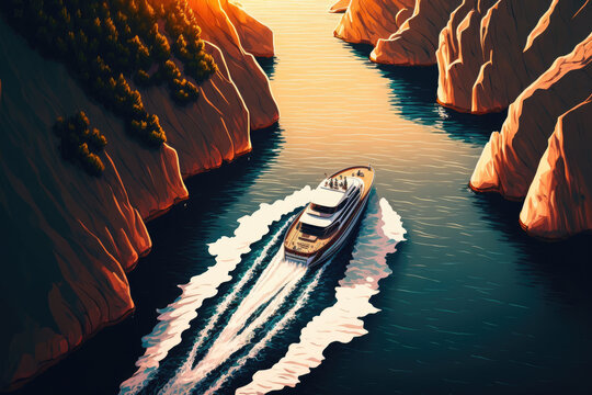 Beautiful speed boat on the water at sunset in the summer, as seen from above. In Turkey, akvaryum koyu. View from above of a luxury yacht, a motorboat, crystal clear water, a rock, the sky, a mountai