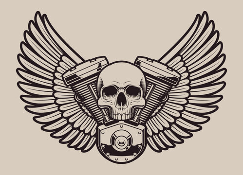 Vector vintage illustration skull biker with engine and wings