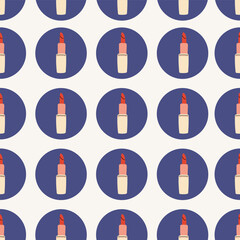 Pattern, suitable for valentine's day, women's day. Square template with red lipsticks. Vector illustration on a light background.