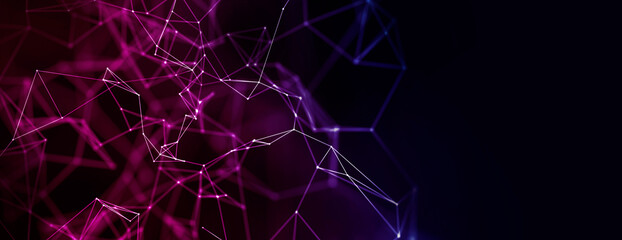 Abstract geometric data block chain with triangular cells connecting dots background in blue and purple.