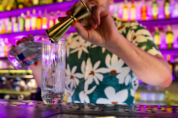 man bartender making cold gin tonic cocktail in bar