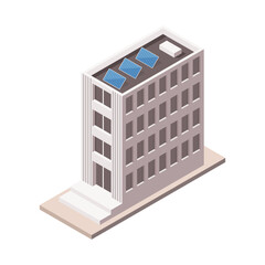 Isometric office building with solar panels. Vector illustration. ESG concept.