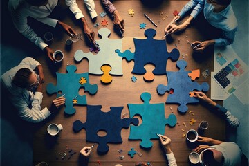 Business people with jigsaw puzzle pieces in the office generative ai Successful teamwork and partnership concept


