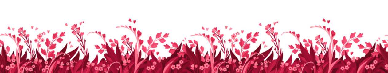 Floral Horizontal Seamless Background. Header or Cover Template, with Magenta Floral Arrangements. Blooming Flowers, Red and Pink Leaves and Hearts. Isolated vector clipart, illustration