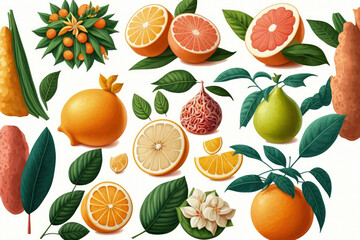 Obraz premium Isolated on a white background, a collection of citrus compositions. Generative AI