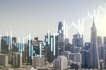 Fototapeta na wymiar Multi exposure of abstract virtual financial graph hologram on San Francisco skyline background, forex and investment concept