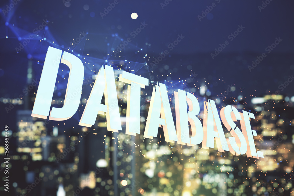 Aufkleber double exposure of database word sign on blurry skyline background, global research and analytics co