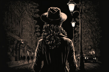 Fototapeta na wymiar A woman strolls down the street at night. Girl wearing a hat in a line drawing. Retrographical art. Dream Art. Generative AI