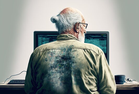 Rear view of retiree learning to code, concept of Technology Adoption and Lifelong Learning, created with Generative AI technology