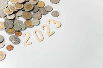 Wooden text of 2023 with coins, money saving concept, financial and business growth, white background