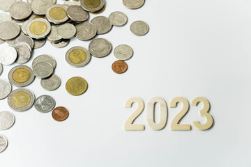 Wooden text of 2023 with coins, money saving concept, financial and business growth, white background