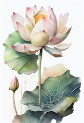 Watercolor painting of blooming lotus flowers, Generative AI