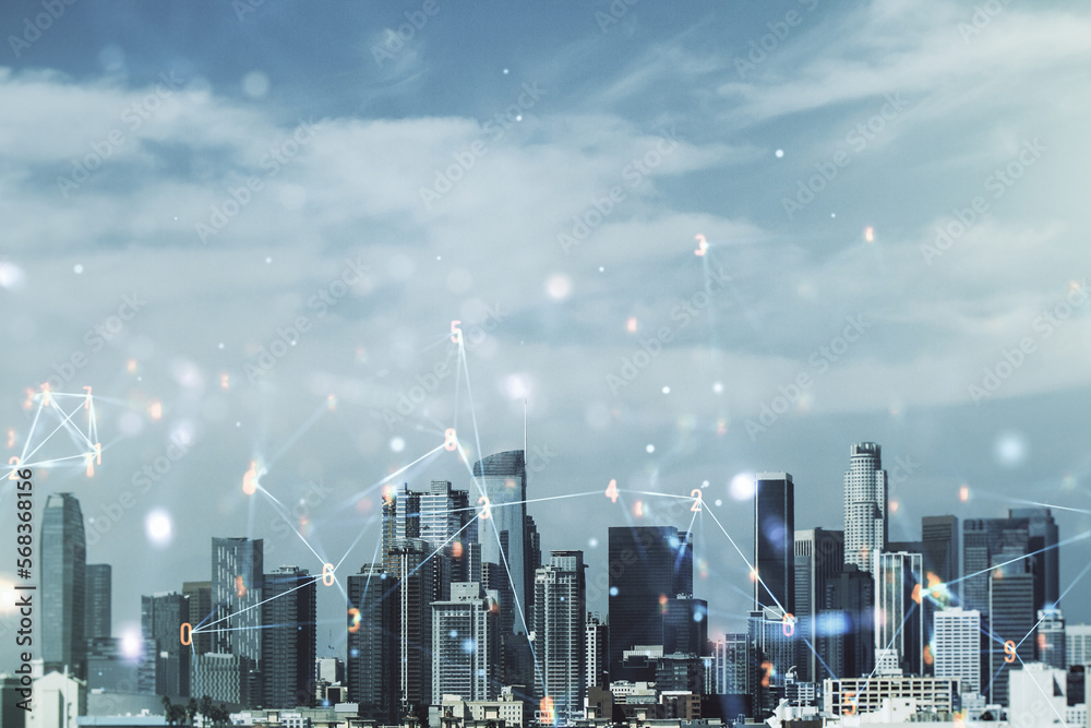 Poster Abstract virtual wireless technology hologram on Los Angeles skyline background. Big data and database concept. Multiexposure