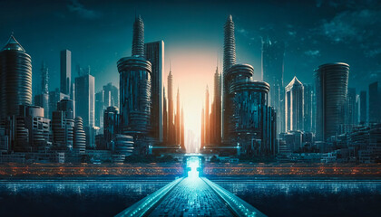 Smart city, techno mega city, iot. Background for tech titles , news headline. Generative AI