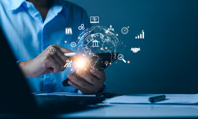 Digital business concept. Modern technology businessman planning marketing, investing, strategy, trading, searching for business information, analyzing future economic trends. on Internet networks.