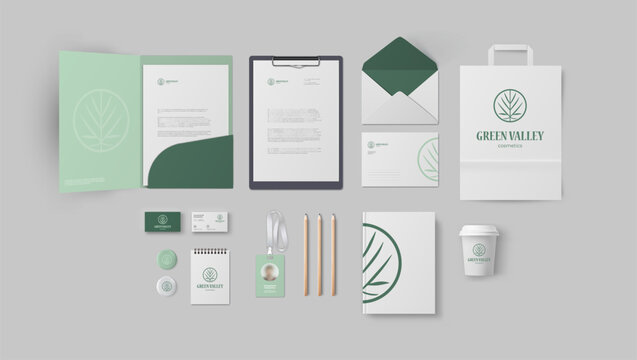Branding design for cosmetic company with green logo and mild colors, premium corporate identity style with elements pack include folder and business card