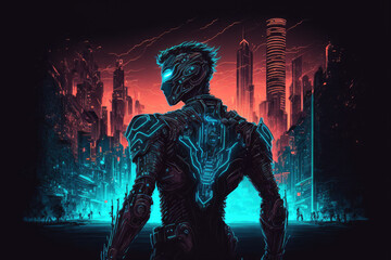 Science fiction guy humanoid cyborg illustration from Legacy of Carbon, wandering in a neon lit, cyberpunk future city. Generative AI