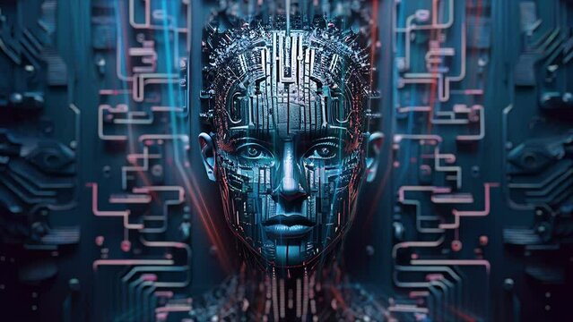 Intellect, vision, ideas, AI learning for future abstract brainstorming background. Futuristic technological connection of neural artificial intelligence with humanoid robot. 3D video loop animation.