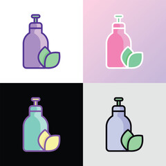 Organic cosmetics thin line icon: glass bottle with dispenser and leaf sign. Natural skin care. Modern vector illustration for beauty shop.