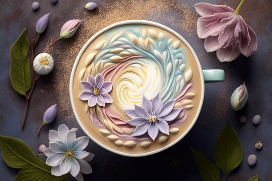 A latte art design featuring a spring flower in pastel colors | generative AI