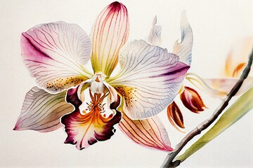 Watercolor painting of blooming orchid flowers, Generative AI