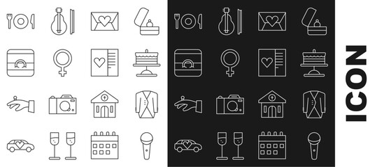 Set line Microphone, Suit, Cake plate, Envelope with Valentine heart, Female gender symbol, Wedding rings, Plate, fork and knife and Postcard icon. Vector © Oksana