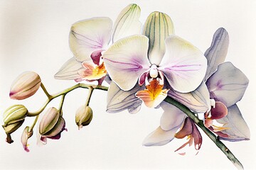 Watercolor painting of blooming orchid flowers, Generative AI