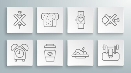Set line Alarm clock, Bread toast, Coffee cup go, Healthy food, Bench with barbel, Smart watch, No meat and doping syringe icon. Vector - obrazy, fototapety, plakaty
